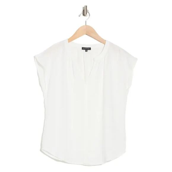 Pleione Ivory Short-Sleeve High-Low Split-Neck Mixed-Media Tee Size Medium - Picture 3 of 7